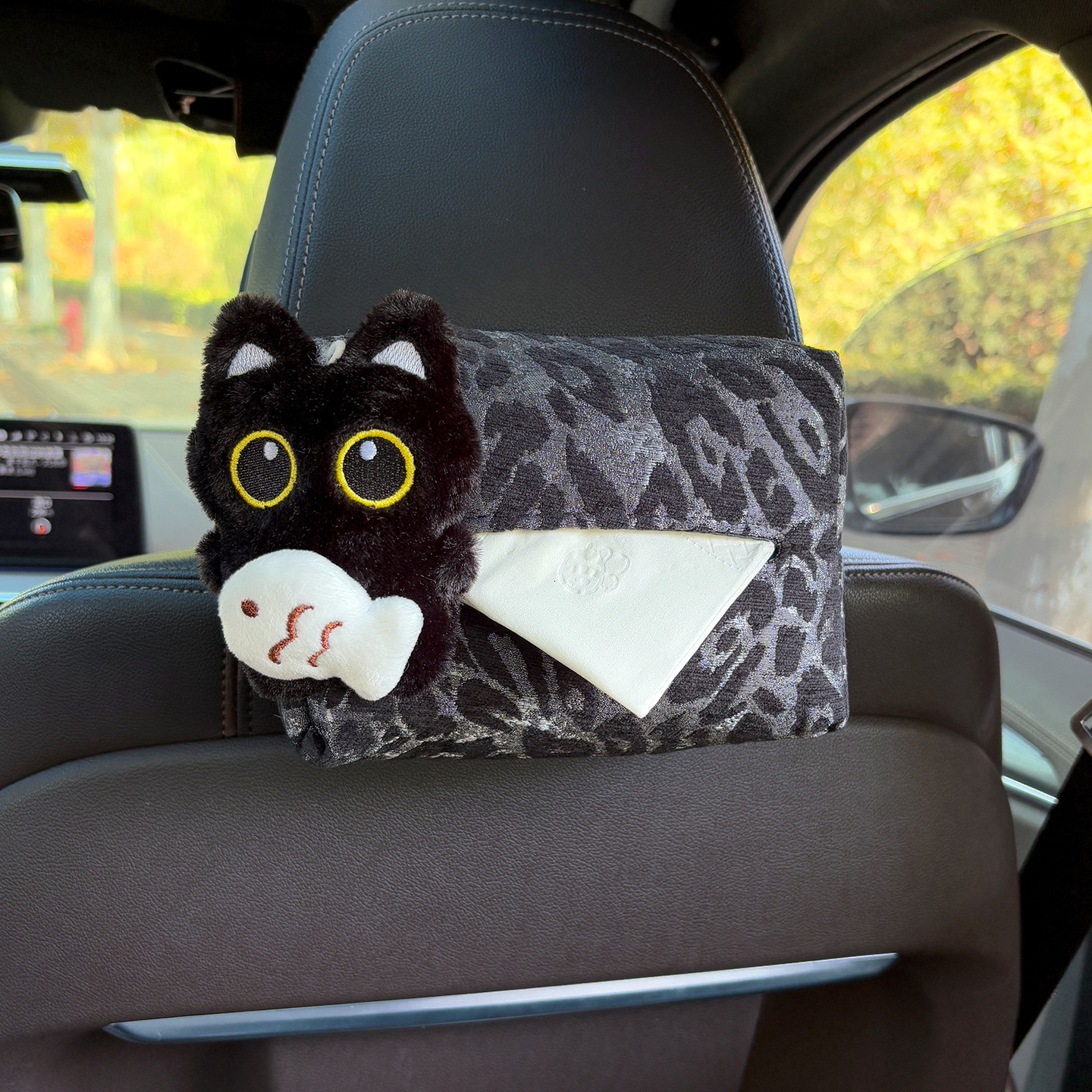 Tissue Box Cute Little Black Cat Cover Leopard Print Base Leather Texture Luxury Seat Back Hanging Car Armrest Storage