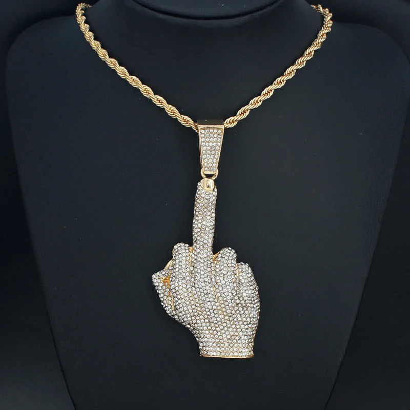 Hip Hop Big Polite Gesture Middle Finger Pendant Necklace with 11mm Crystal Cuban Chain HipHop Iced Out Necklaces Men Women 260409