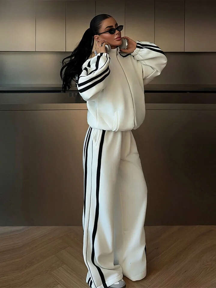2026 New Arrival Women Contrast Color Hoodie Pant Suits Long Sleeve Zipper Wide Leg Trousers Ladies Casual Spring Two Piece Set Streetwear Loungewear 