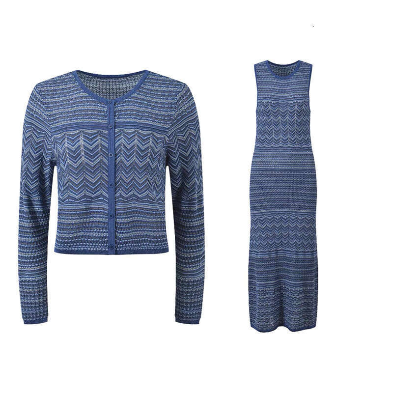 2026 Summer New Designer Holiday k30 Style Hollow Knitted Deep Blue Wave Pattern Tank Top cardigan Women's Dress