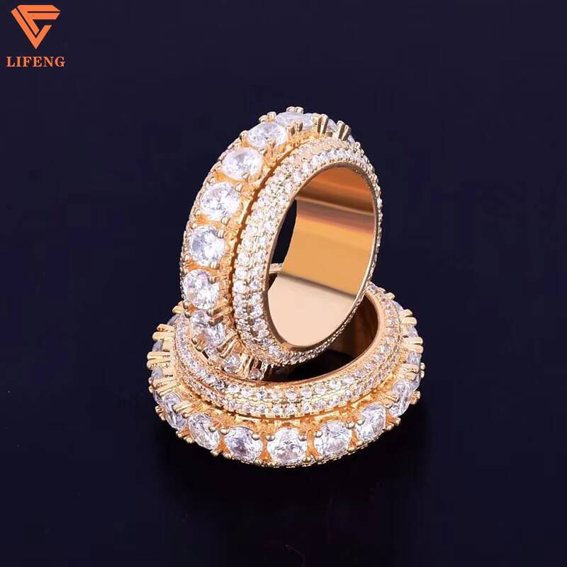 Hip Hop Iced 925 Silver Dazzling Sparkly Eternity Band Ring for Men 3 Rows VVS Moissanite GRA Rapper Pass Diamond Tester Ring