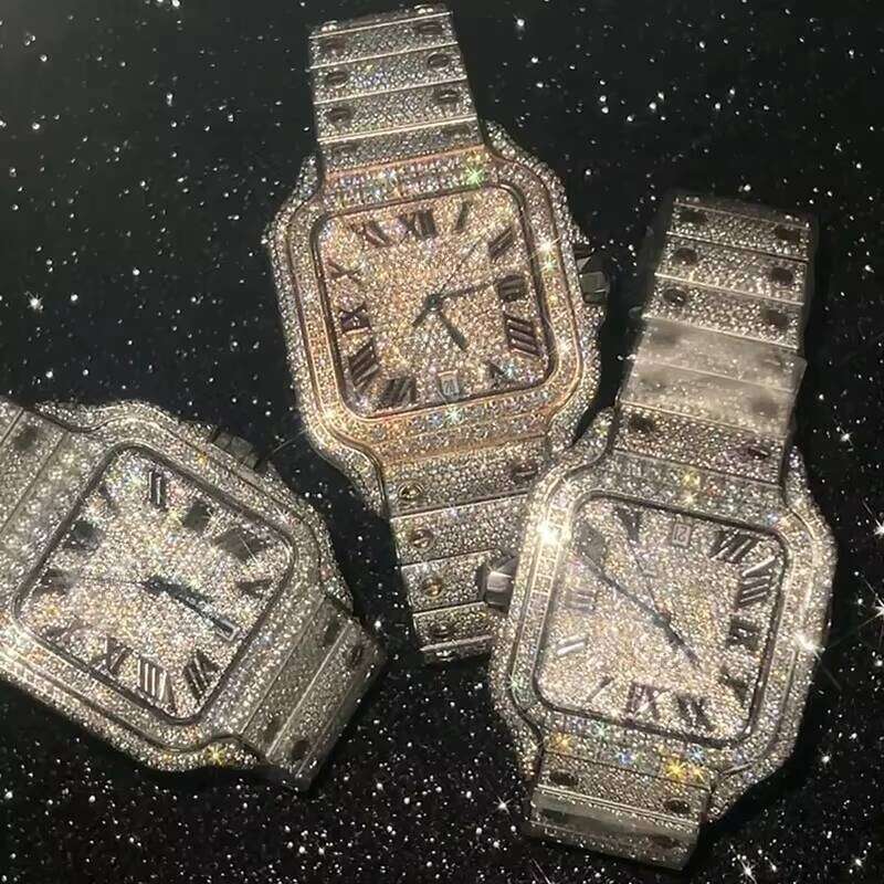 Luxury VVS Moissanite Studded Handmade Stainless Steel Hip Hop Bust Down Watch Automatic Movement Iced Out Watches