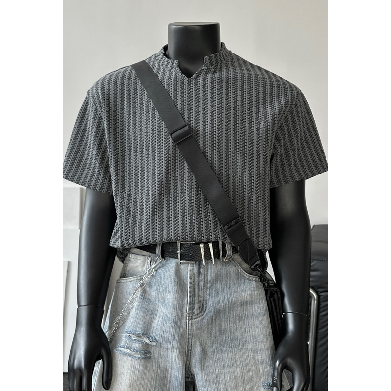 Luxury Brand Herringbone V Neck Short Sleeve T Shirt Men Fashion American Streetwear Trendy Brand Oversized Heavyweight Teen Tee Top Casual Retro Vint