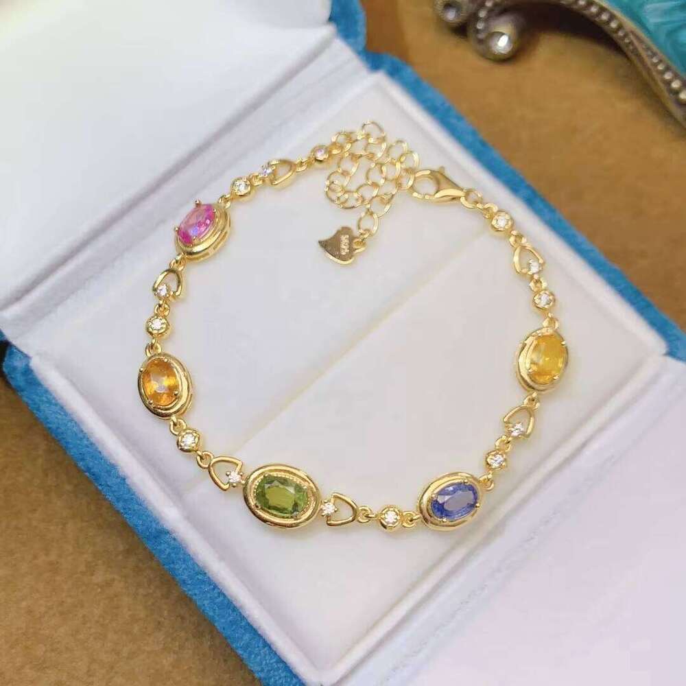 S925 Silver Inlay 4*6mm Natural Sri Lankan Rainbow Sapphire Adjustable Niche Design Bracelet Jewelry Gift