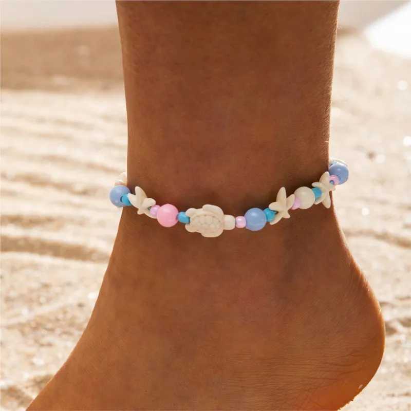 Beach Style Blue Starfish And Turtle Anklet for Women Cute Fashion Beige Beads Summer Vocation Jewelry Gifts X260410