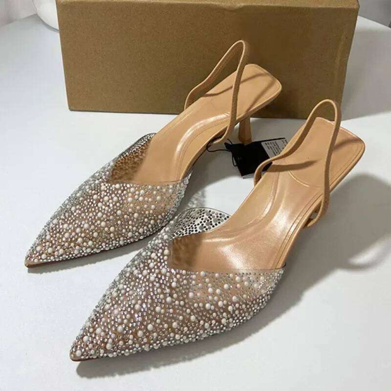 Women's Pointed High Heel Sandals 2025 Summer Sexy Transparent Shallow Fashion Artificial Pearl Decorated Slingback Ladies Shoes