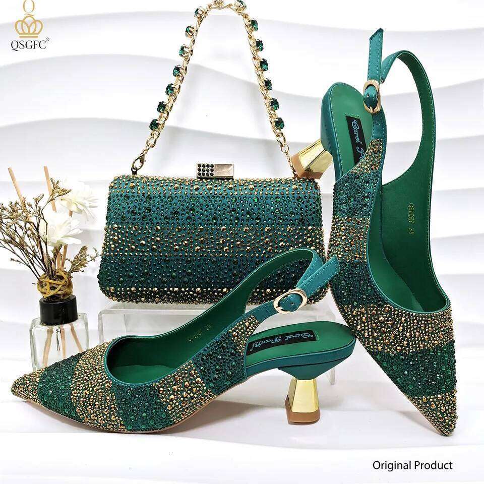 QSGFC Nigerian Women Heel Ladies Italian Design Green Shoes And Bag Set Decorated with Rhinestone Handbag Wedding Party