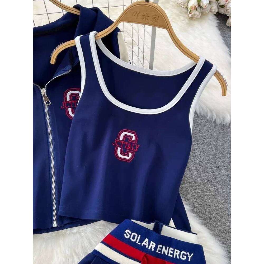 Fashion Y2K Women 3 Piece Set Zipper Hooded Cardigan Vest Jacket High Waist Wide Leg Pants Korean Casual Tracksuit MAKOUFEI