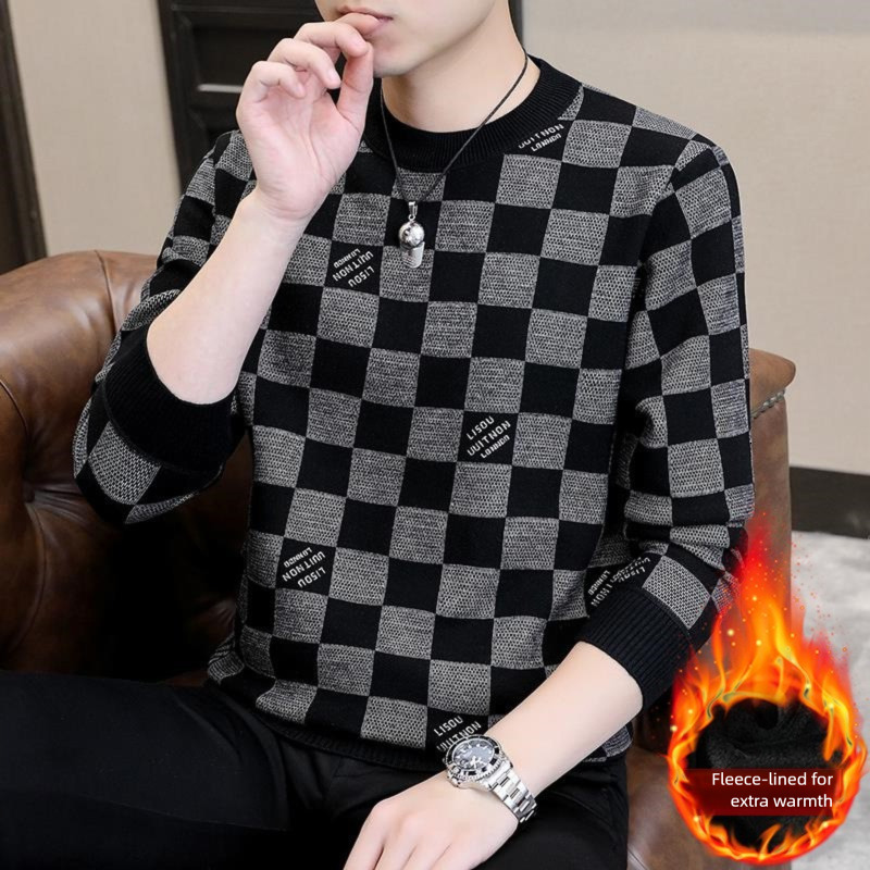 Designer Jacket - Men's Thick Wool Round-neck Sports Shirt Fall/winter Casual Checkered Long-sleeved T-shirt Warm Basic Style Blouse Luxurious Ja