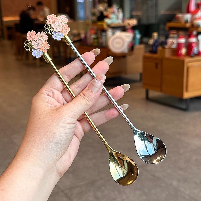 Cross-Border 304 Stainless Steel Japanese Sakura Exquisite Dessert Long Handle Ice Household Bird's Nest Stirring Spoon