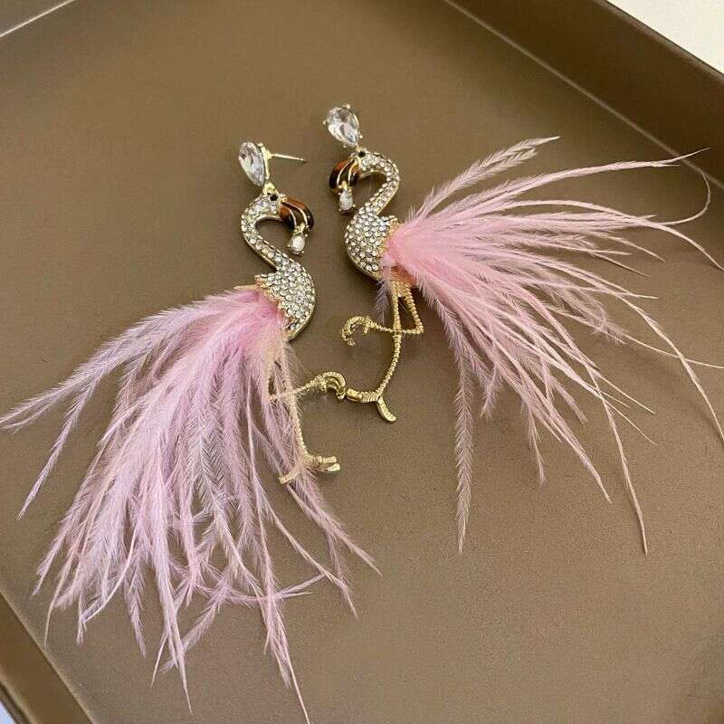 925 Silver Sweet Diamond-Studded Flamingo Feather Earrings, Bohemian High-End Artistic Style, Trendy Earrings For Girls
