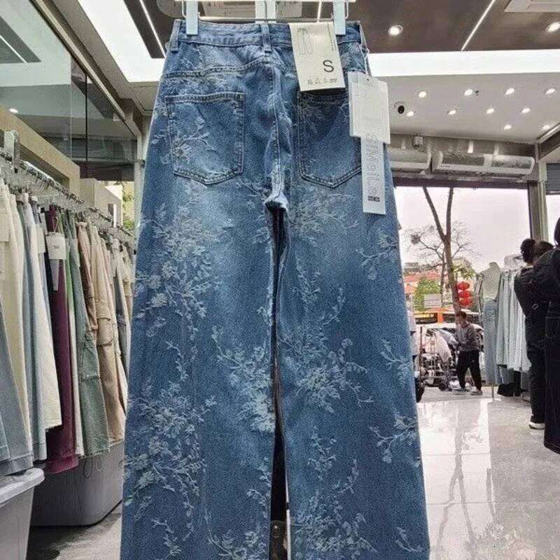 2026 New Arrival Korean Niche Design Women Jacquard Wide Leg Jeans High Waist Casual Loose Straight Floor Length Pants Fashion Streetwear Denim Trouse