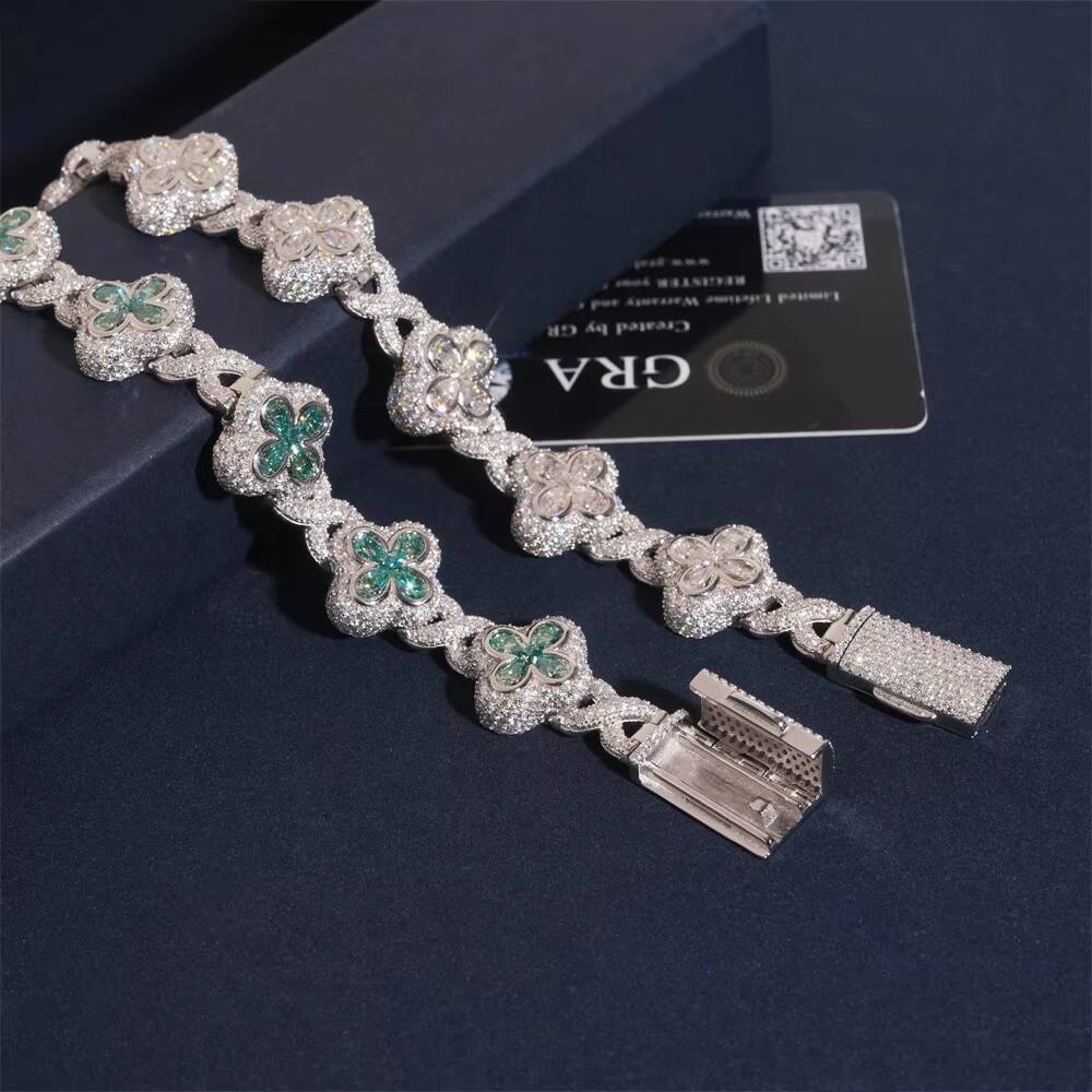 New Hip-Hop S925 Sterling Silver Moissanite Bracelet 18mm Four-Leaf Clover Cuban Chain Jewelry