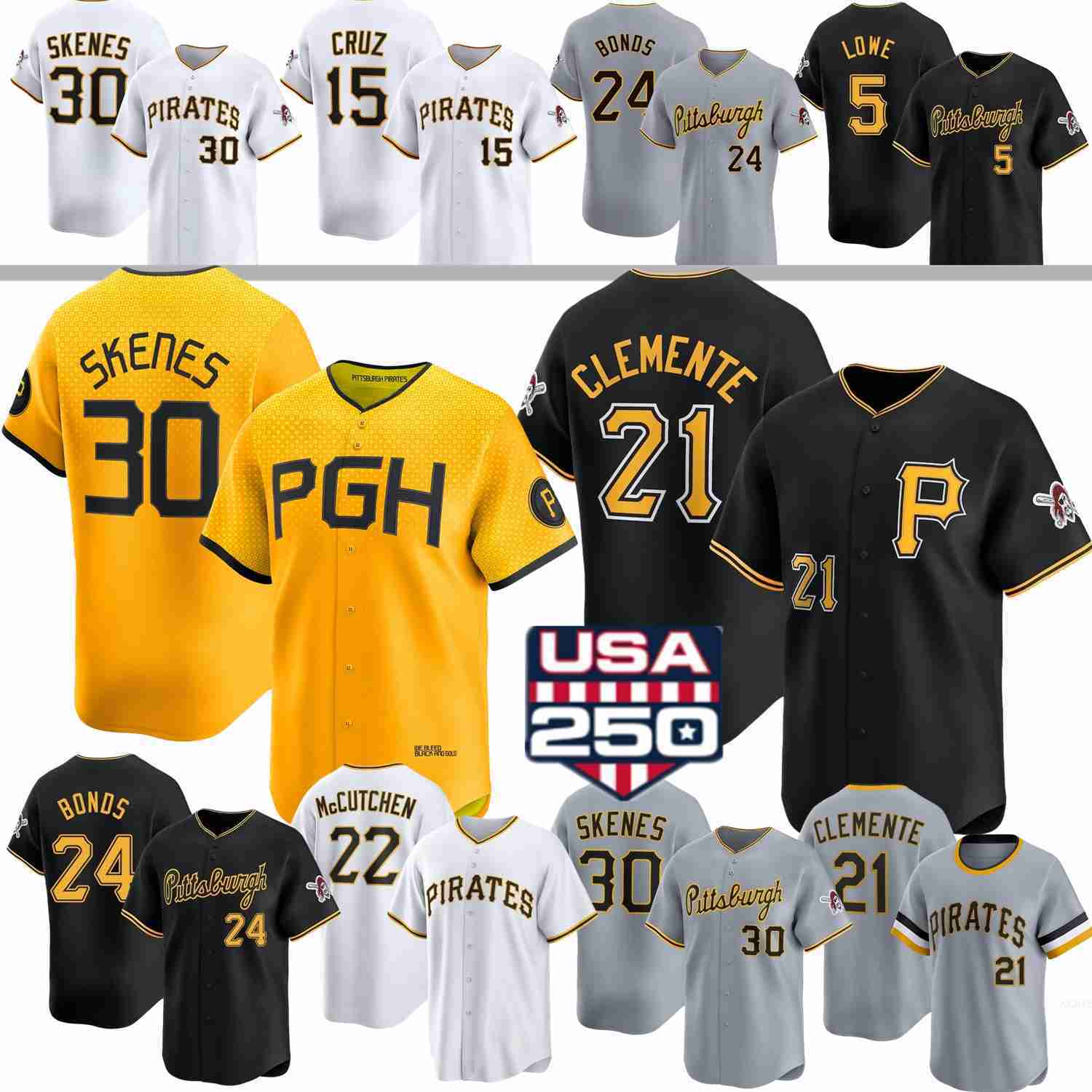 Pittsburghs Pirates Baseball Jersey Paul Skenes Roberto Clemente Konnor Griffin Bubba Chandler Termarr Johnson Oneil Cruz Barry Bonds Bryan Reynolds O
