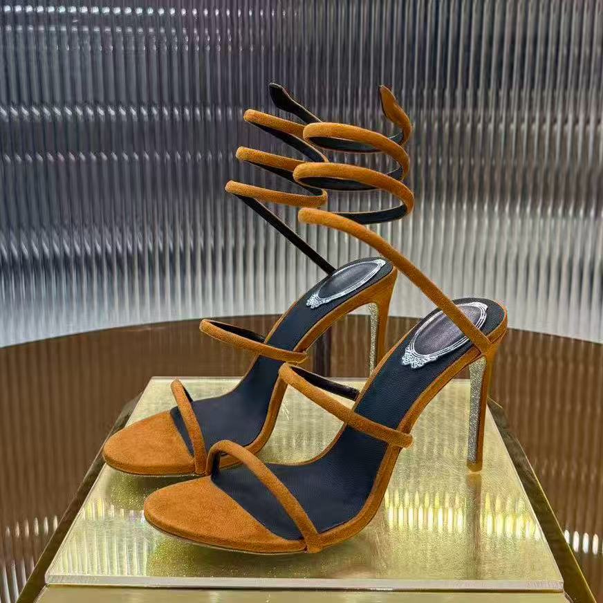 Women designer sandals butterfly heels flower Stiletto heel Suede and smooth Genuine Leather Party Super High Slip-On shoes Snake Wrap Sandals 9.5CM Size 34-43 With Box