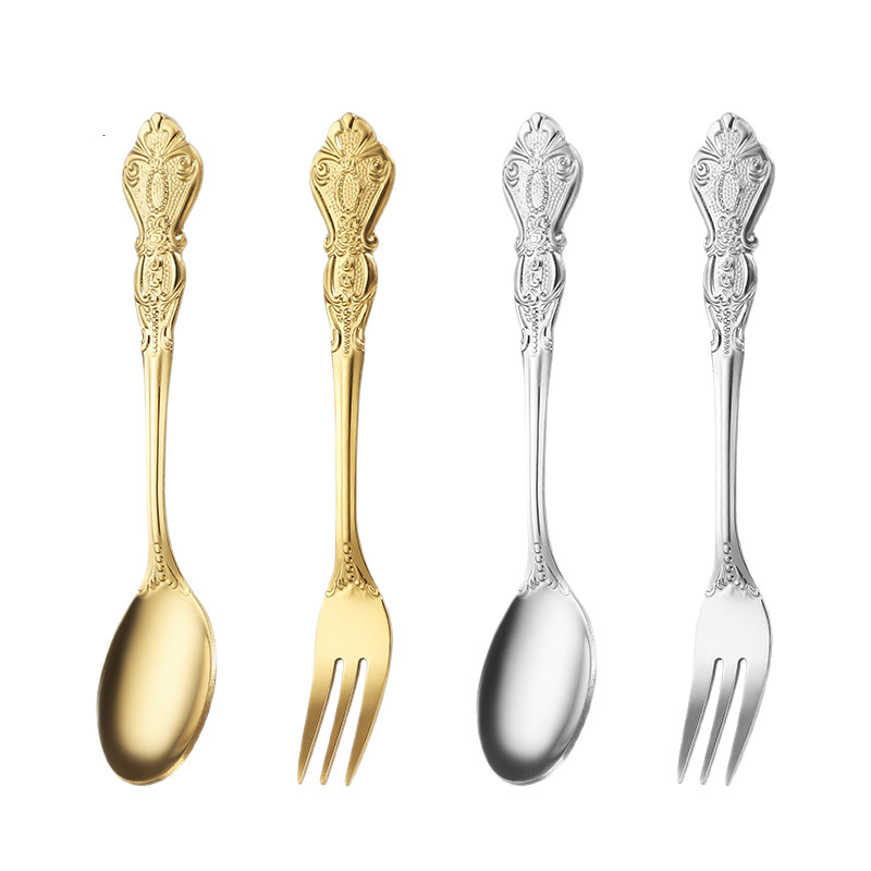 2pcs Cross-Border Royal Court Stainless Steel Coffee Fruit Small Embossed Vintage Dessert Stirring Spoon Fork