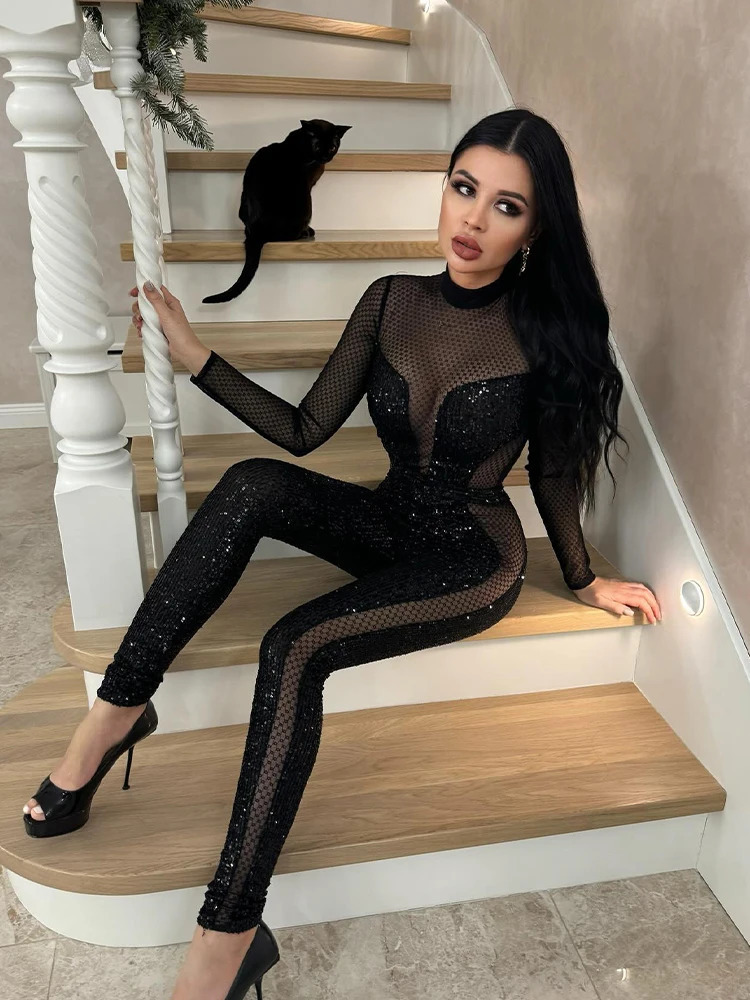 Mesh Patchwork Jumpsuits For Women Fashion Sexy Club Sequined Long Sleeves O-Neck Slim Fit See Through Romper Female Streetwear 260409