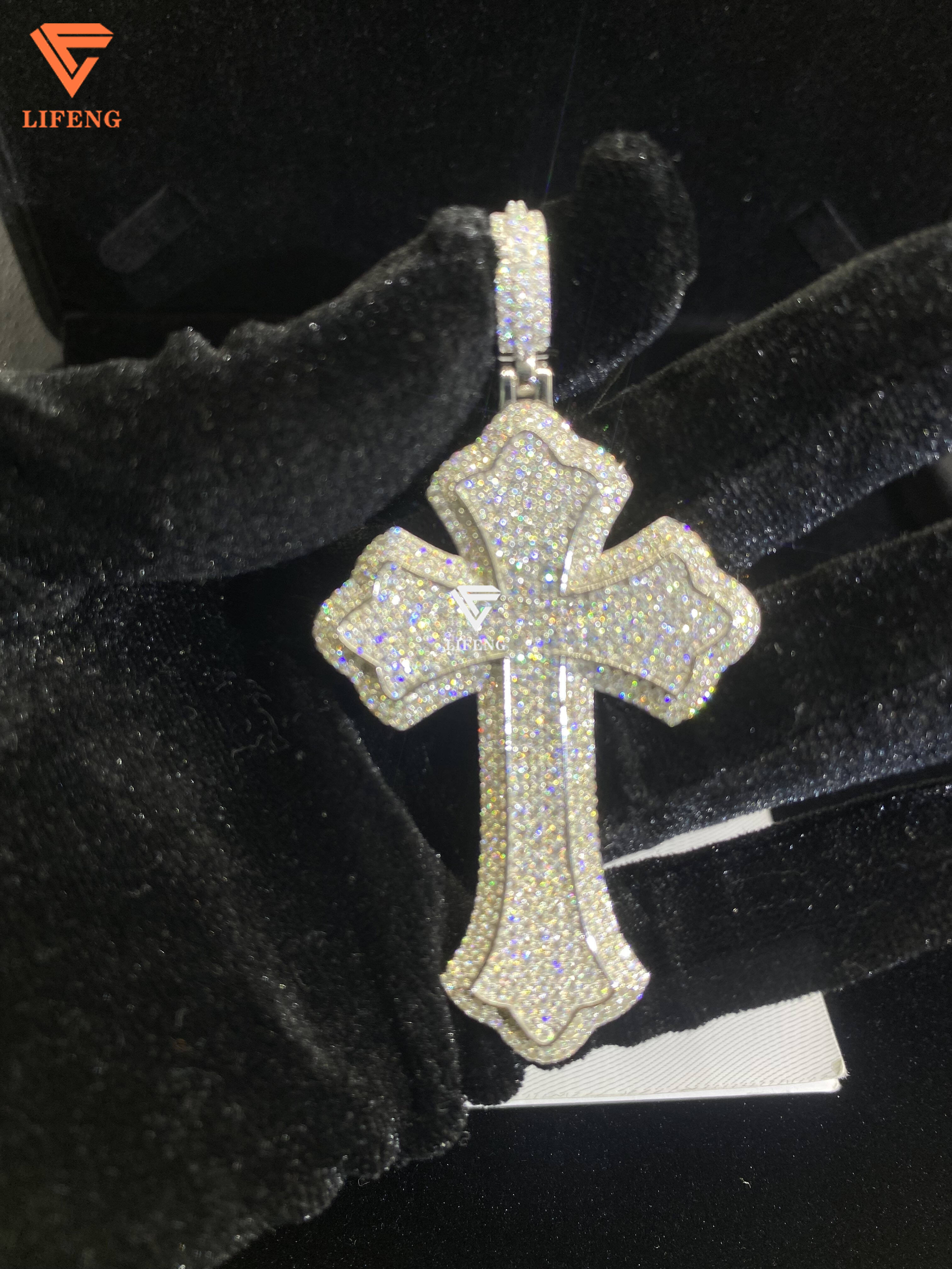 Mens 6/8mm 925 Sterling Silver Tennis Cross Necklace VVS Moissanite White Gold Pendants Fine Jewelry Christian Hip Hop Style