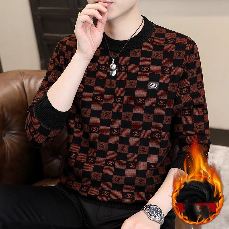 Designer Jacket - Men's Thick Wool Round-neck Sports Shirt Fall/winter Casual Checkered Long-sleeved T-shirt Warm Basic Style Blouse Luxurious Ja