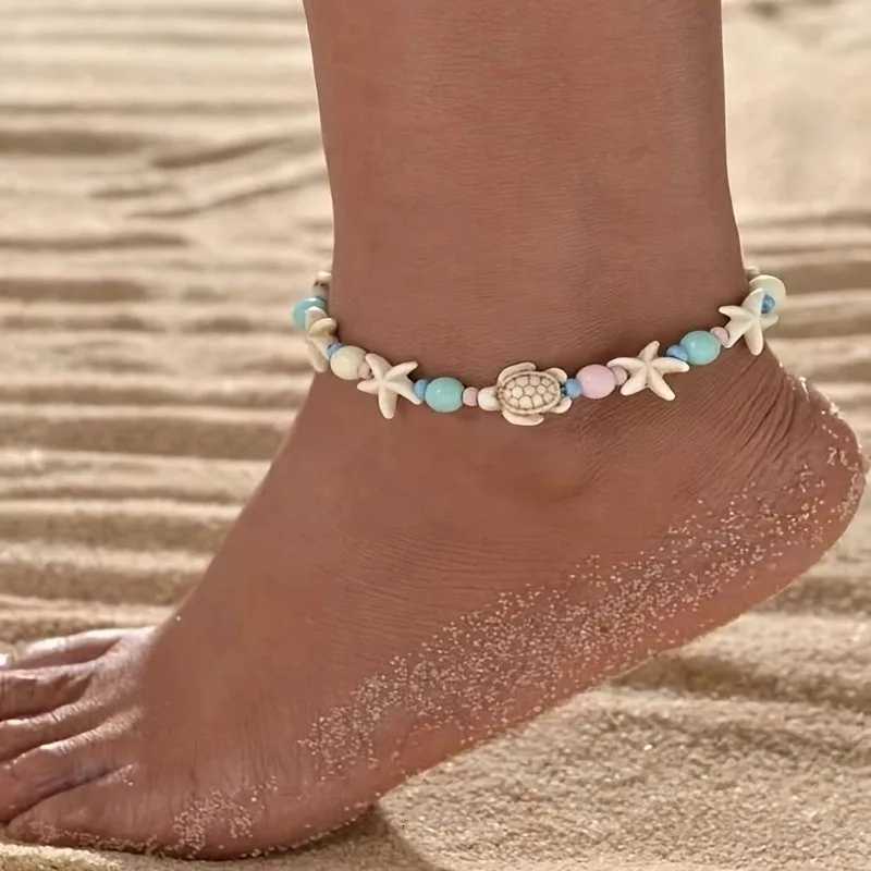 Beach Style Blue Starfish And Turtle Anklet for Women Cute Fashion Beige Beads Summer Vocation Jewelry Gifts X260410