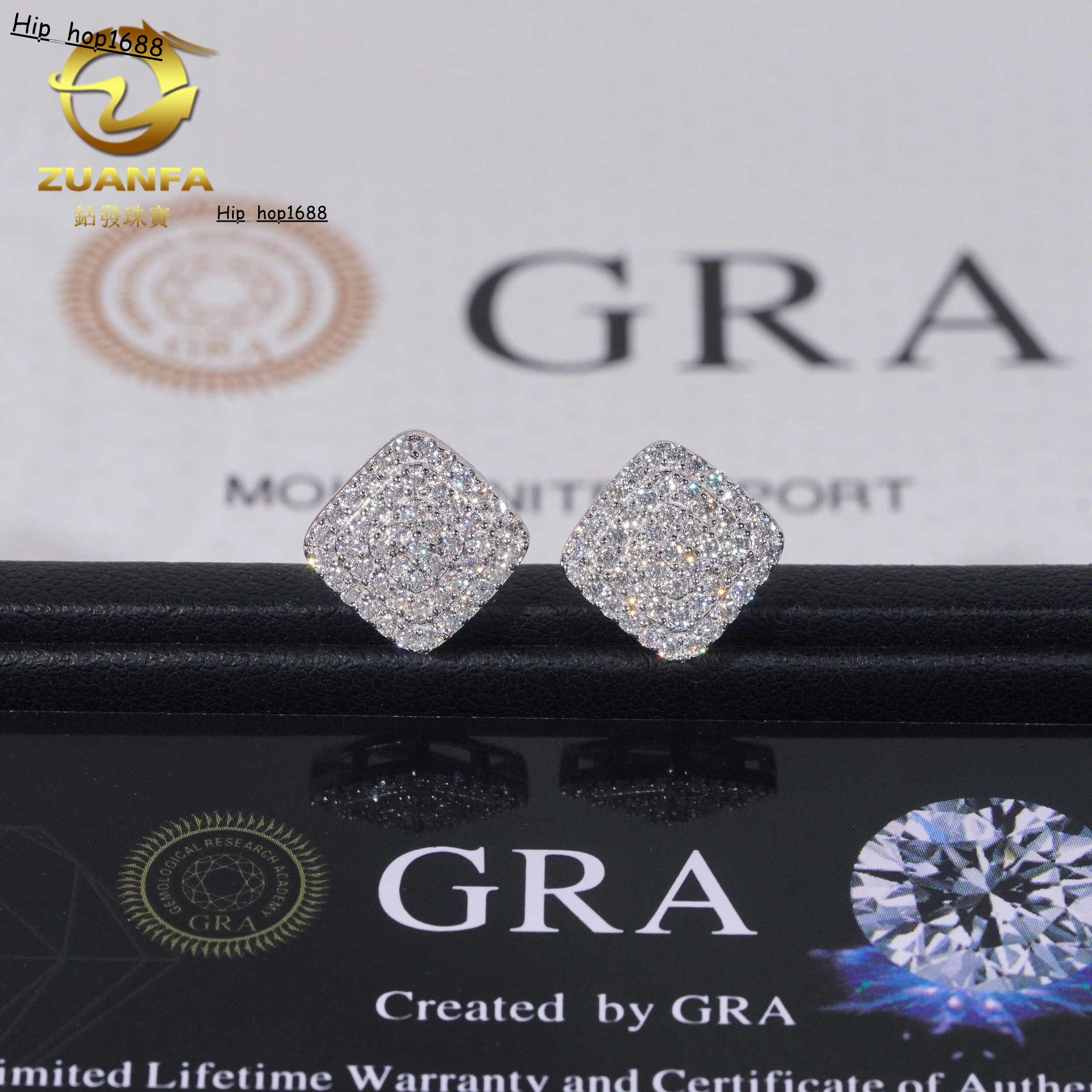 S925 silver three-row full diamond moissanite earrings suitable for both men and women comes with GRA certificate and black card
