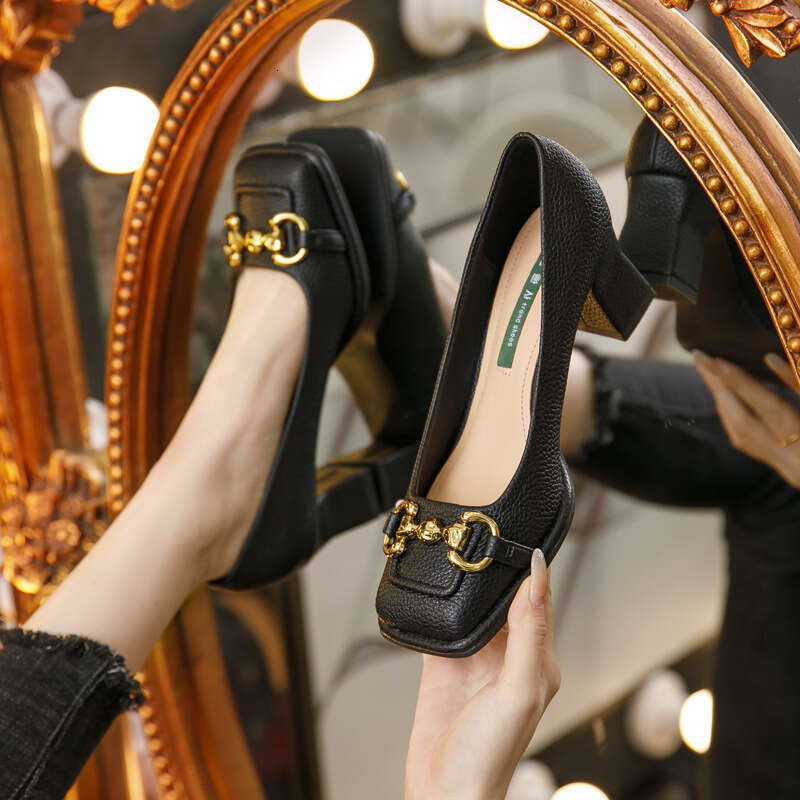 Vintage Square Toe High Heels for Women 2023 New Style Horsebit French Mary Jane Chunky Heel Single Professional Work Shoes