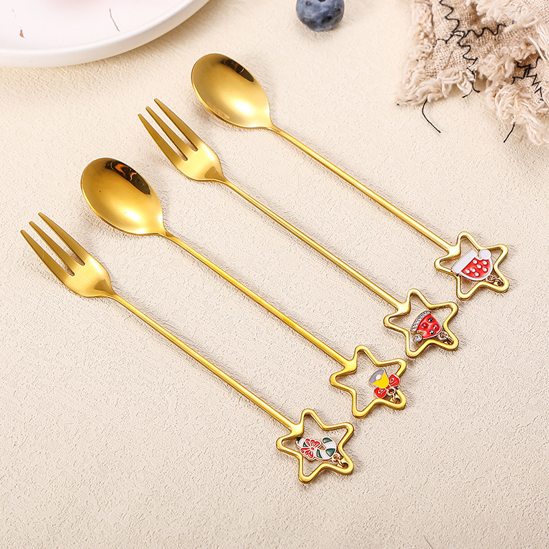 2pcs Cross-border stainless steel spoon and fork two-piece set, gold cake dessert coffee spoon, fruit fork, Christmas tableware