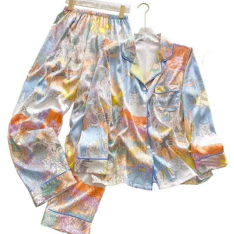 Women Faux Silk Satin Pajamas Set Spring Autumn Animal Print Long Sleeve Pyjama Soft Comfortable Nightwear Loungewear Homewear Casual Sleepwear Pjs MA