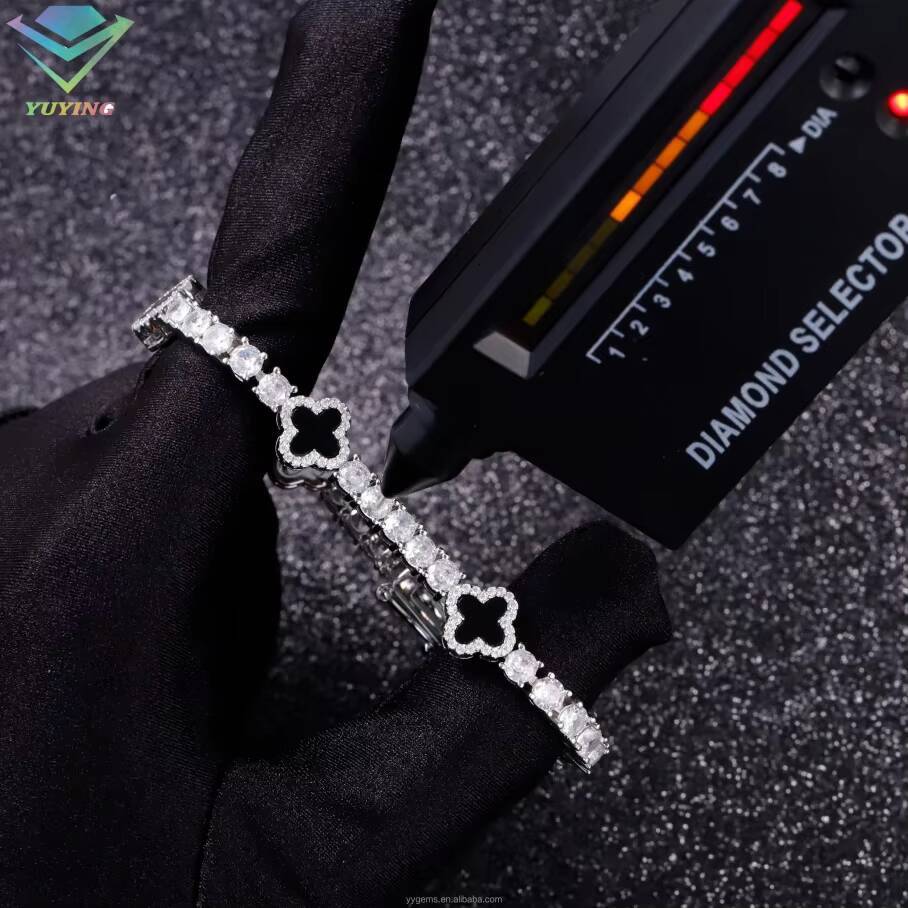 Yu Ying Design 925 Sterling Silver VVS Mossanite Diamond With Four Leaf Clover Black Agate Necklace Moissanite Tennis Chain