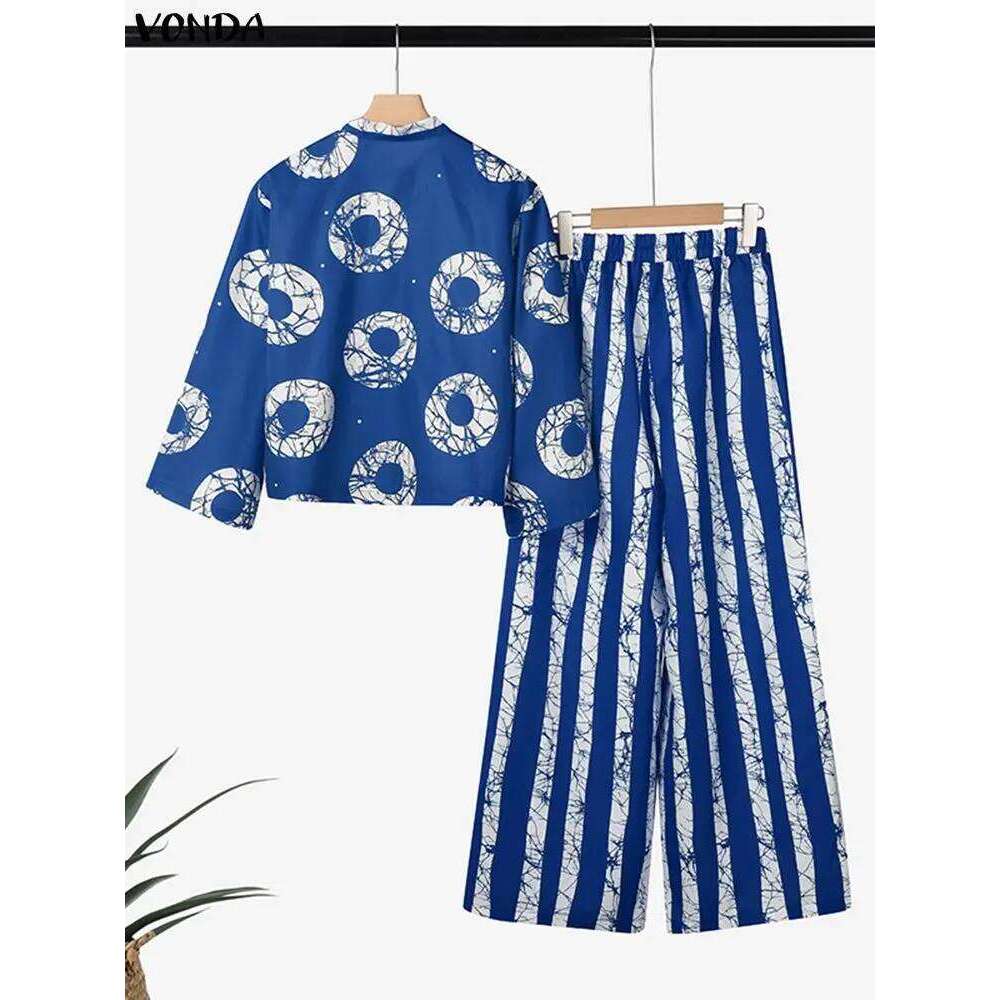 2026 New Arrival Plus Size Women 2 Piece Outfits Bohemian Print Long Sleeve Shirts High Waist Wide Leg Pants Vintage Casual Loose Tracksuit MAKOUFEI