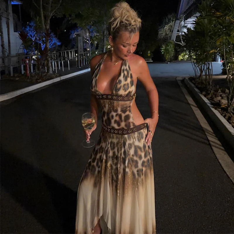 Fashion Leopard Printed Halter Dresses Women Sexy Deep V-neck Irregular Split Backless Bodycon Gown Summer Holiday Dinner Outfit 260409