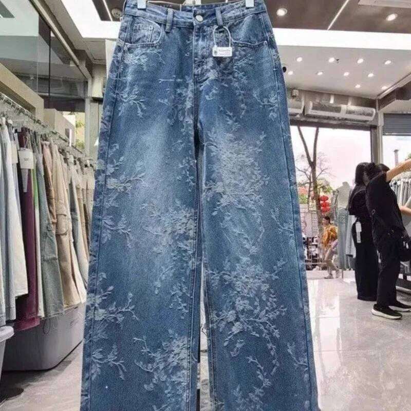 2026 New Arrival Korean Niche Design Women Jacquard Wide Leg Jeans High Waist Casual Loose Straight Floor Length Pants Fashion Streetwear Denim Trouse