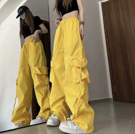 American-style retro quick-drying high-waisted work pants with women's three-dimensional pockets and straight-leg wide-leg design H260410