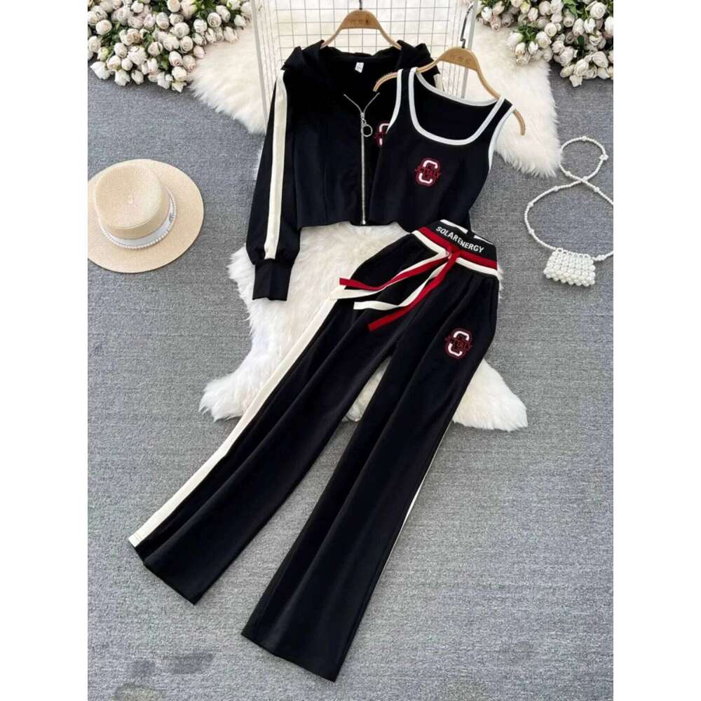 Fashion Y2K Women 3 Piece Set Zipper Hooded Cardigan Vest Jacket High Waist Wide Leg Pants Korean Casual Tracksuit MAKOUFEI