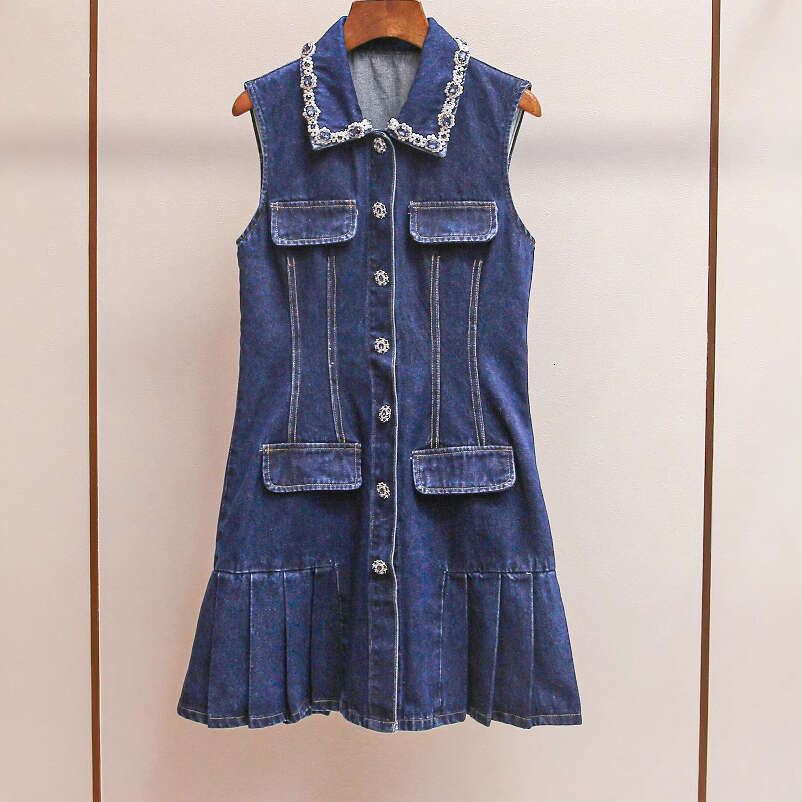 FC Spring and summer new designer simple and mature k30 women's FC high-end pearl embellishment lapel sleeveless single breasted pleated skirt