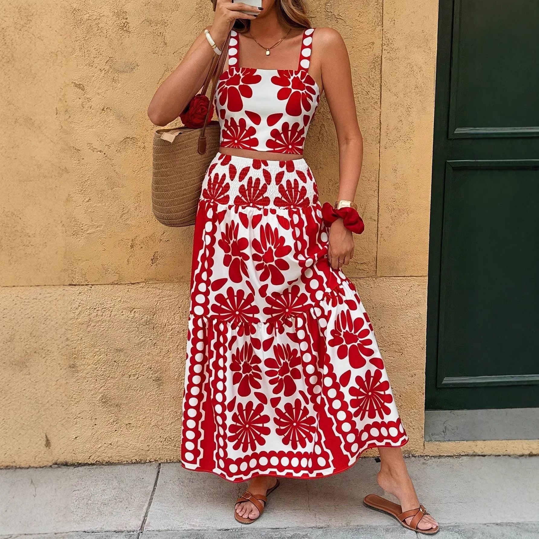 2026 New Designer Luxury Brand Urban Sexy Women's Clothing European And American Summer Breathable Casual Printed Suspender Long Skirt Set Wholes