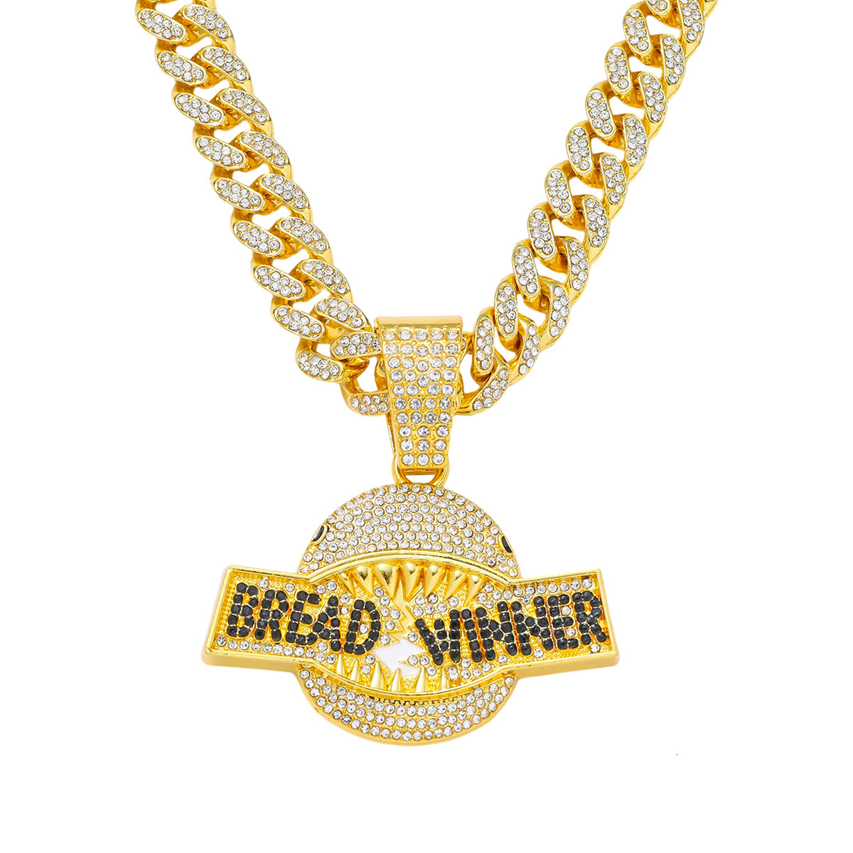 New Mens Full-diamond Bread Winner Shark Mouth Pendant Necklace With Cuban Link Chain Hip Hop Gold Silver Plate Iced Out Gemstone Jewelry Bijoux Gifts
