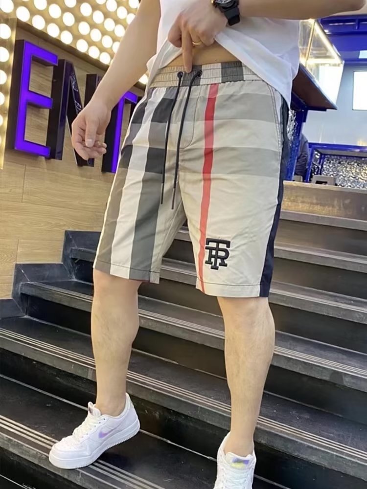 Luxury Brand Summer Ice Silk Shorts For Men Colorblock Embroidery Casual 5 Inch Inseam Oversized Trendy Brand Plaid Beach Board Shorts Streetwear Fash