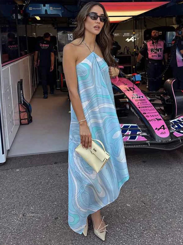 Printed Ripple Backless Halter Long Dress Woman Loose Irregular Hem Sleeveless Robes Fashion Casual Vacation Womens Dresses 260409