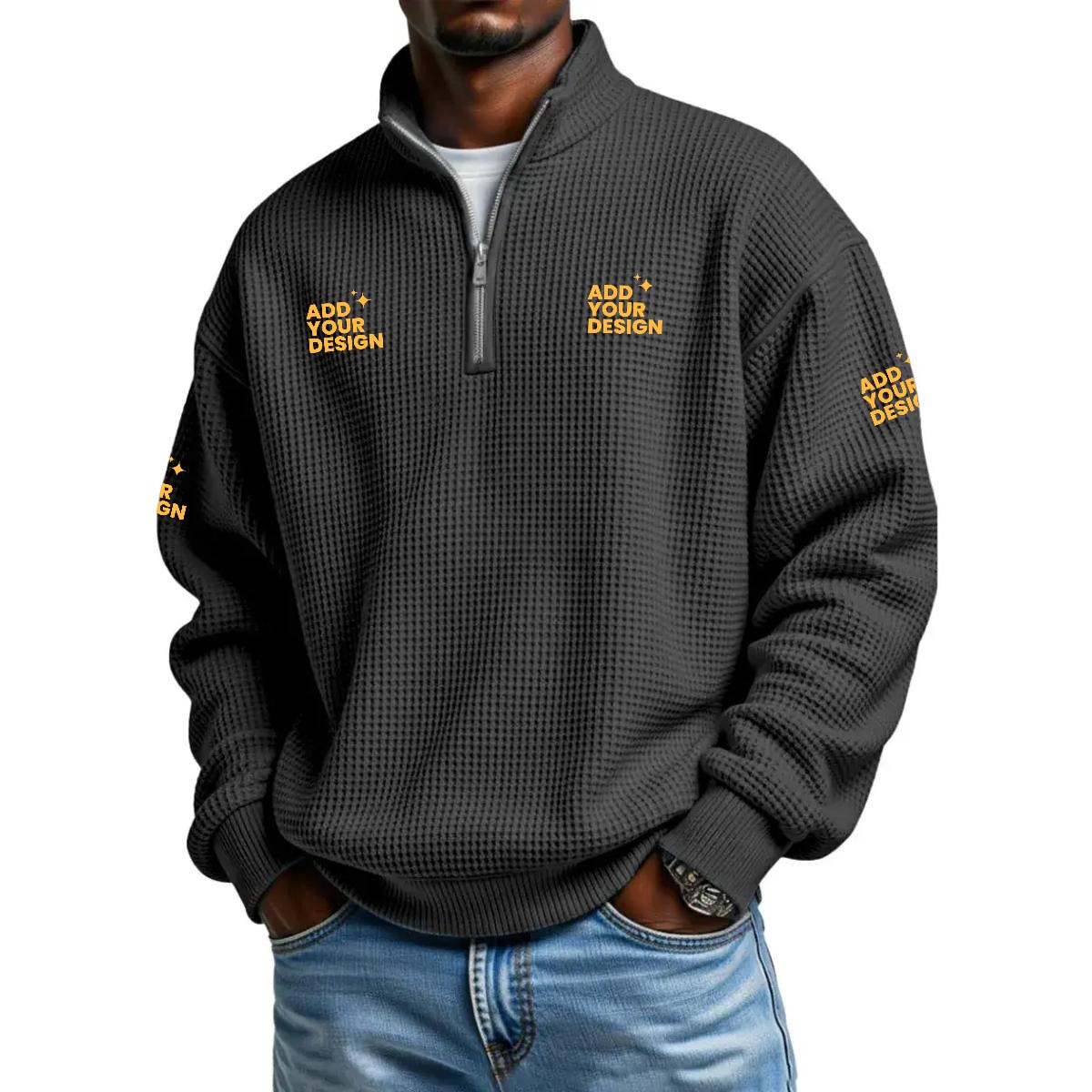 Men's Half Zip Waffle Knit Sweatshirt 95% Polyester 5% Spandex Casual Pullover Relaxed Fit