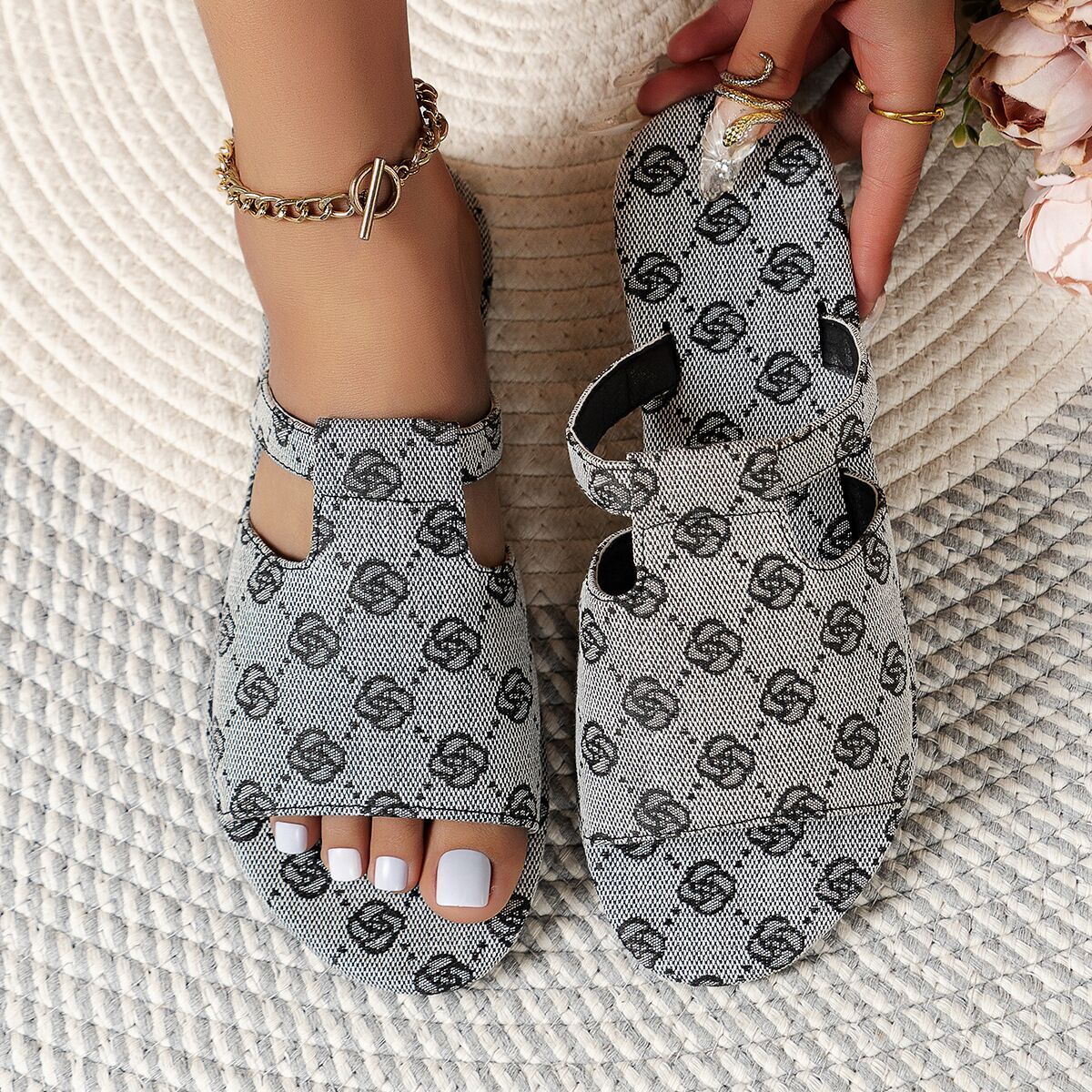 Women's Floral Print Square Toe Slide Sandals Casual Flat Slip On Summer Slippers Free shipping Daily Outfit