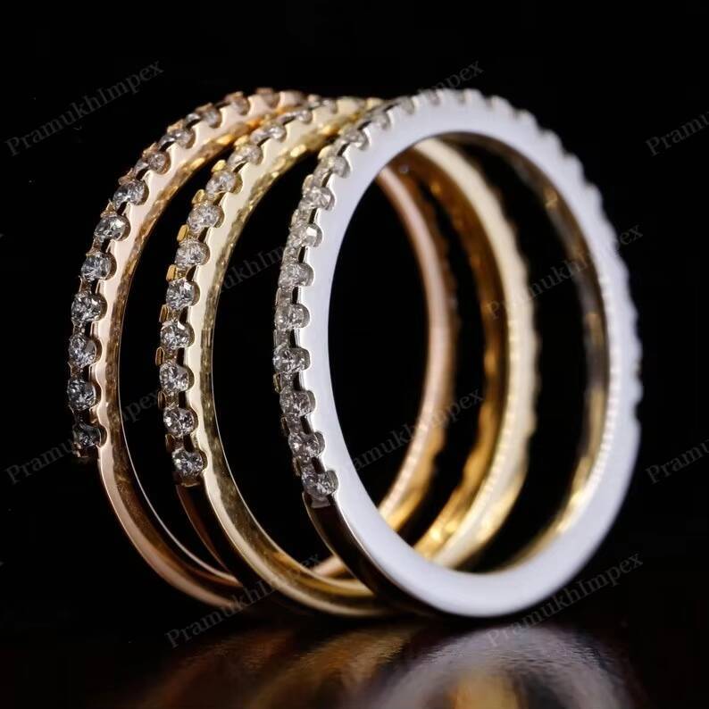 18K Yellow Rose White Gold Plated Round Lab Grown Diamond IGI Certified Dainty Eternity Stacking Wedding Band Wholesale Price