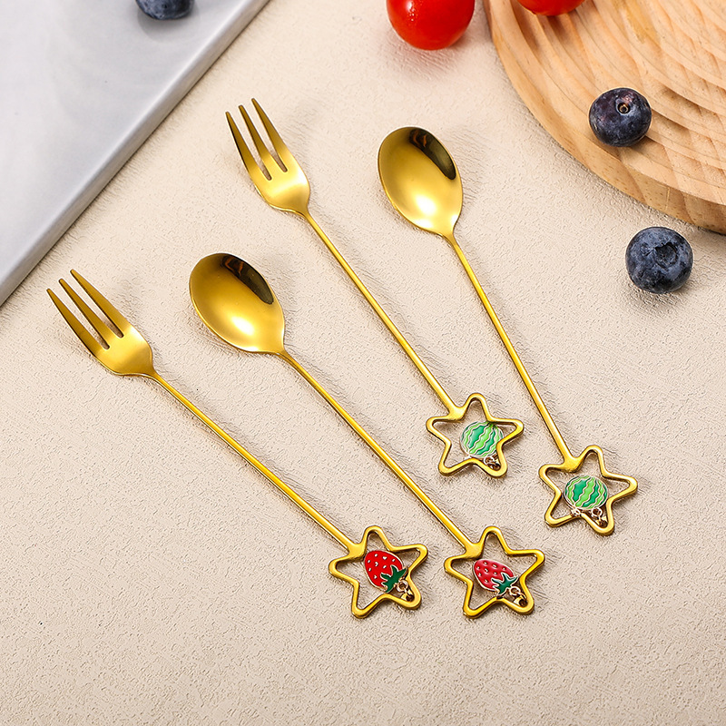Tableware Stainless Steel Summer Fruit Style Star Frame Pendant Stirring Spoon Fruit Fork Wedding Favor