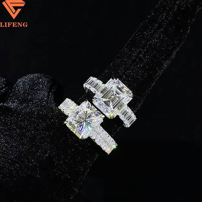 Customized Unique Wedding Bridal Jewelry 925 Solid Silver Gold Plated GRA Certificates White Emerald Radiant Cut Moissanite Ring