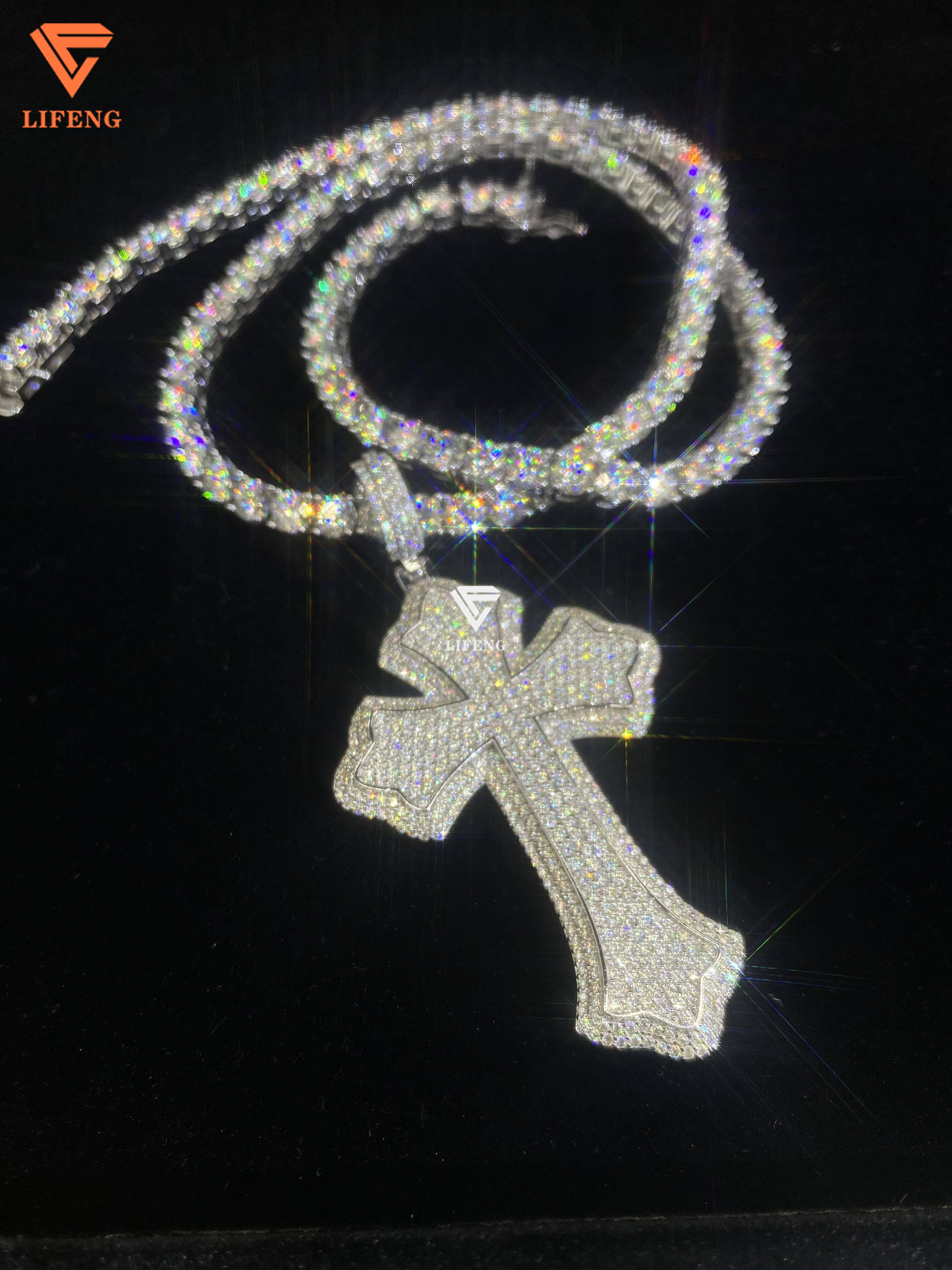 Mens 6/8mm 925 Sterling Silver Tennis Cross Necklace VVS Moissanite White Gold Pendants Fine Jewelry Christian Hip Hop Style