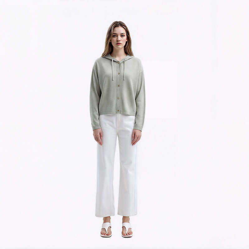2026 Designer Elegant Women's Light Green Long Sleeve Single breasted Tencel Linen k30 Hooded Knitted Sweater