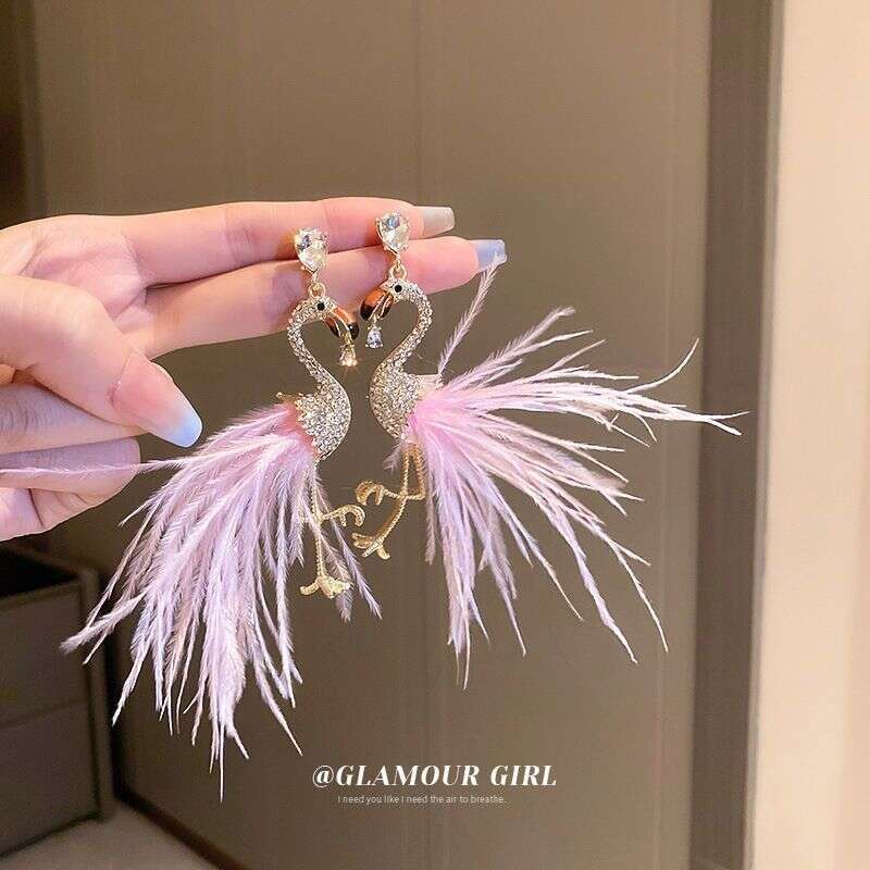 925 Silver Sweet Diamond-Studded Flamingo Feather Earrings, Bohemian High-End Artistic Style, Trendy Earrings For Girls - view 3