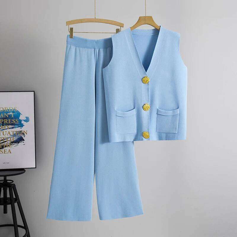 Casual Knit Pieces Suit Women V neck Sleeveless Single Breasted Slim Tank Wide leg Pants Female Set Spring Summer MAKOUFEI