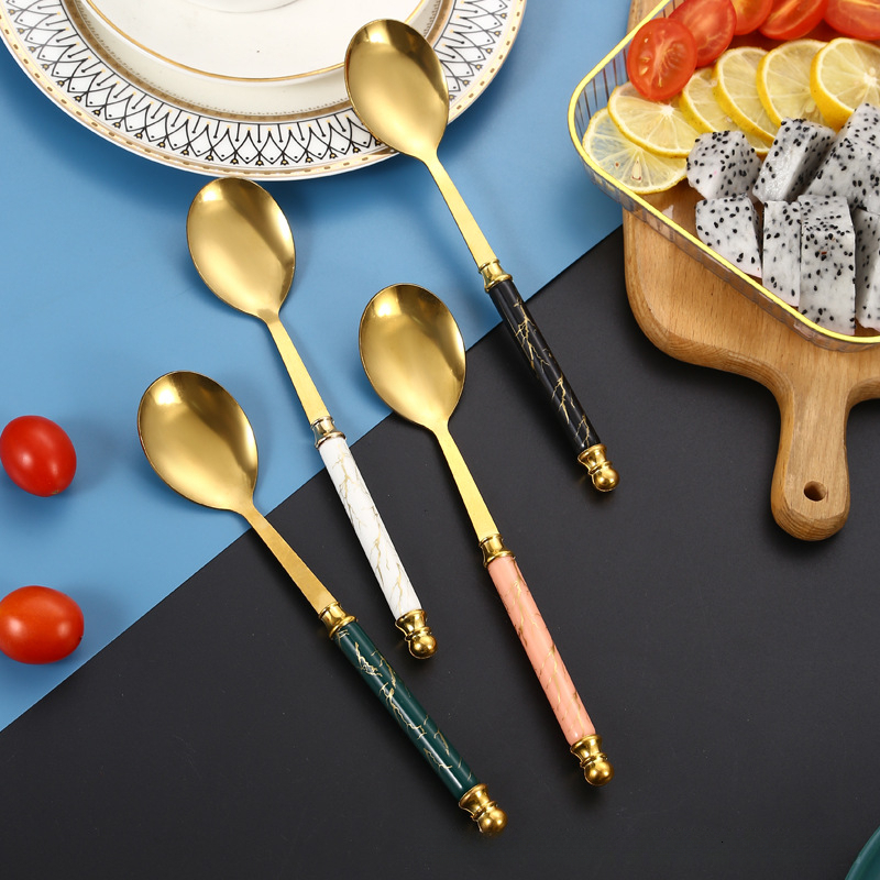 Wholesale Nordic Creative Internet-Famous Stainless Steel with Imitation Ceramic and Patterned Handle for Home Use, Dessert Rice Spoons, Soup Spoons