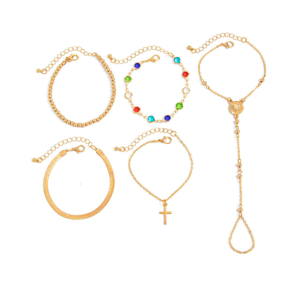 jewelry European and American cross-border colorful crystal beaded finger bracelet set with personalized cross pendant, ins-style layered hand jewelry